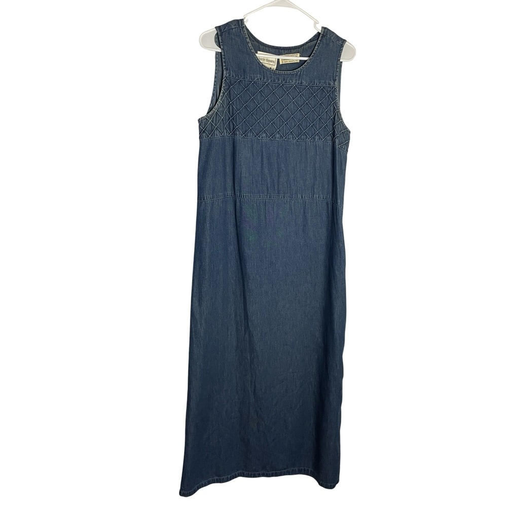 Vtg 90s Karin Stevens Womens Denim Maxi Dress Sz 10 Blue Sleeveless Button Side